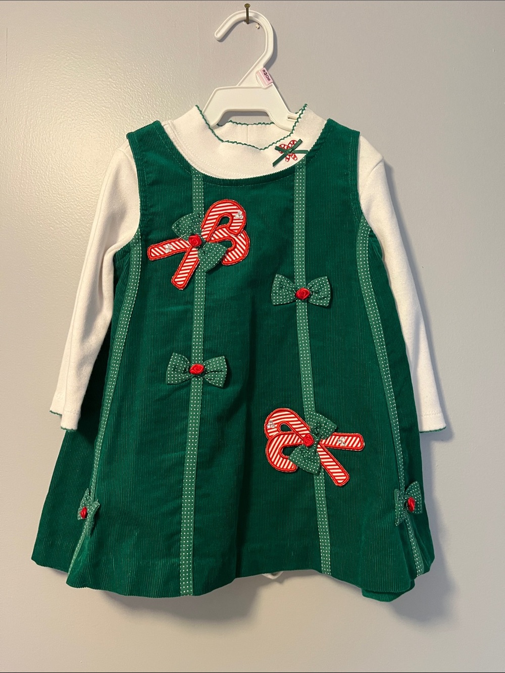 Rare Editions Green Corduroy Candy Cane Appliqué Pinafore with White Top